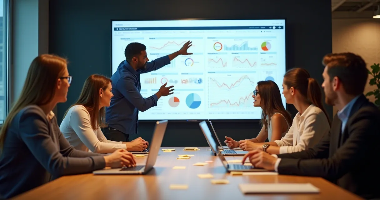 Time de vendas discutindo KPIs em ambiente colaborativo
