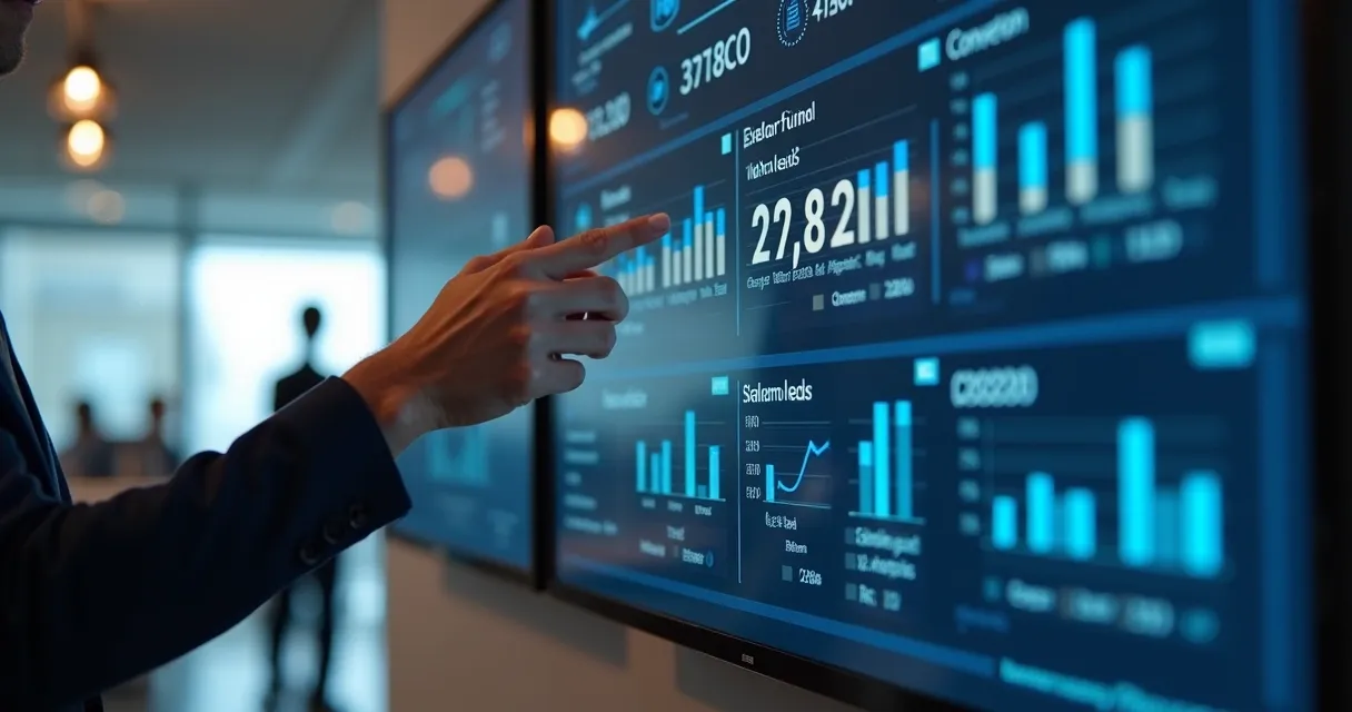 Painel de monitoramento de KPIs do funil de vendas exibido em tela digital