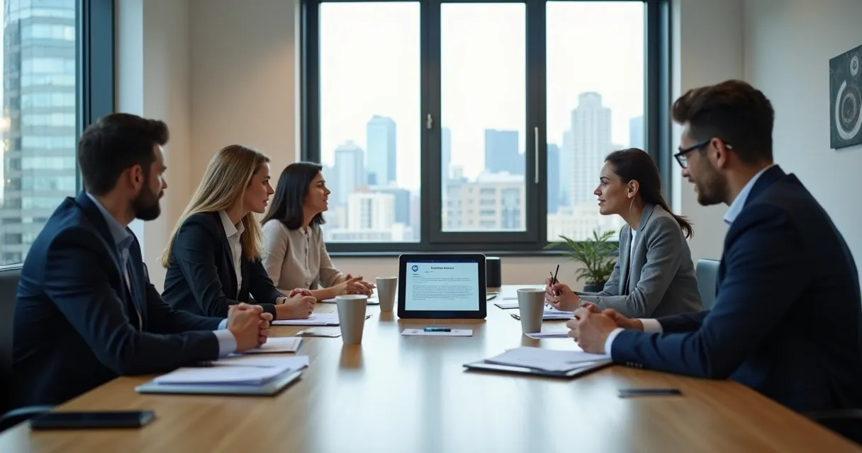Reunião de negócios entre duas equipes em uma sala de reuniões moderna