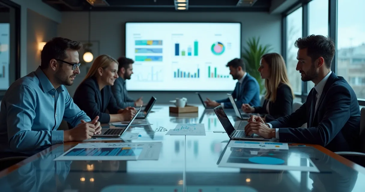 Equipe de vendas em reunião analisando dados em notebooks e quadro branco