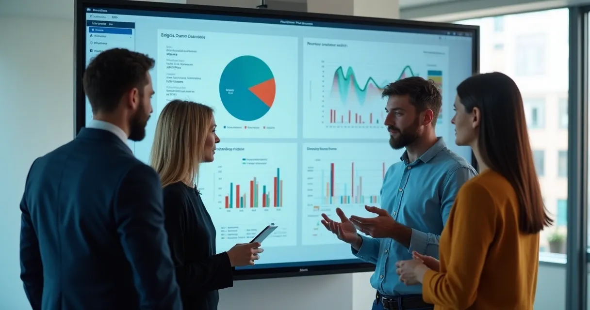 Equipe analisando métricas em dashboard CRM em grande tela