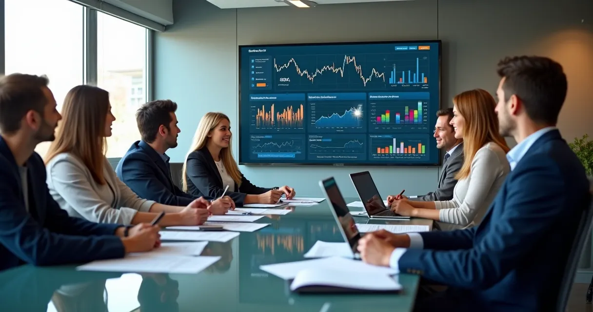 Equipe de vendas reunida em frente a um dashboard com gráficos de indicadores