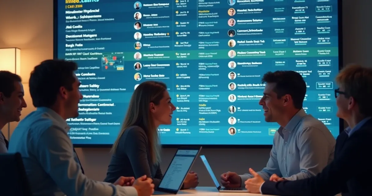 Equipe de vendas analisando leads enriquecidos em uma tela grande
