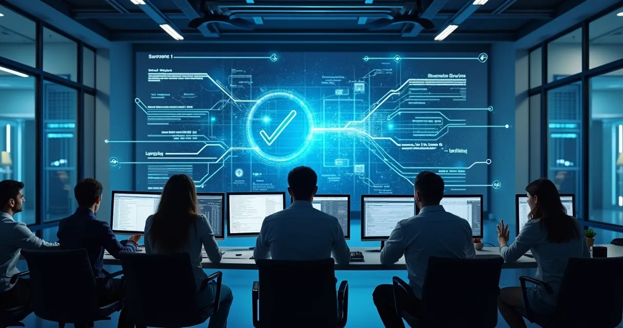 Equipe de TI monitorando atualização automática de dados em telas de computador