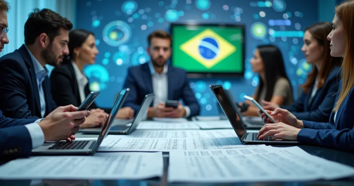 Pessoas usando celular enquanto possuem planilhas e bancos de dados na mesa