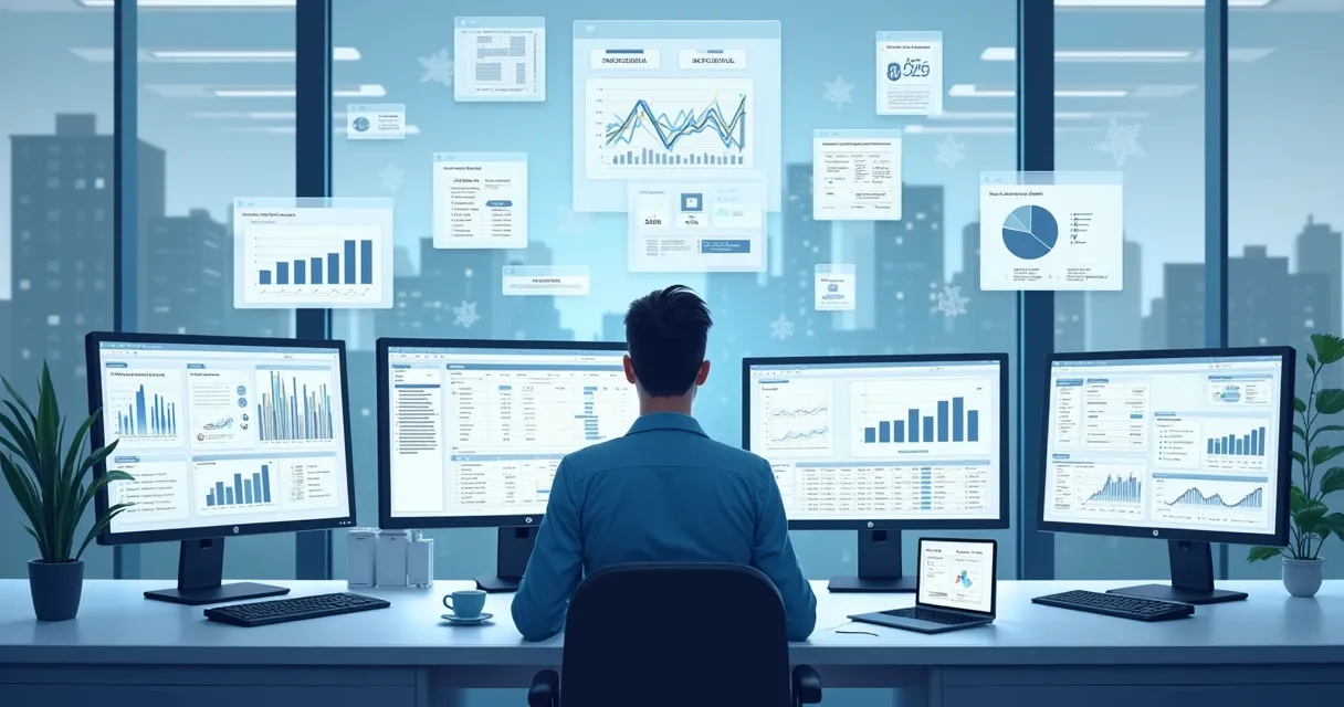 Profissional analisando dados e gráficos em várias telas formando uma lista de empresas