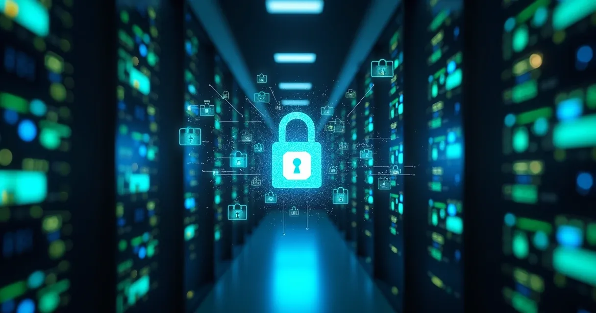 Servidor corporativo trancado com cadeado digital e sinais de proteção
