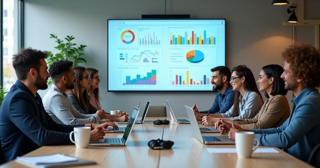 Equipe de vendas e marketing reunida analisando dados em notebooks e gráficos na tela