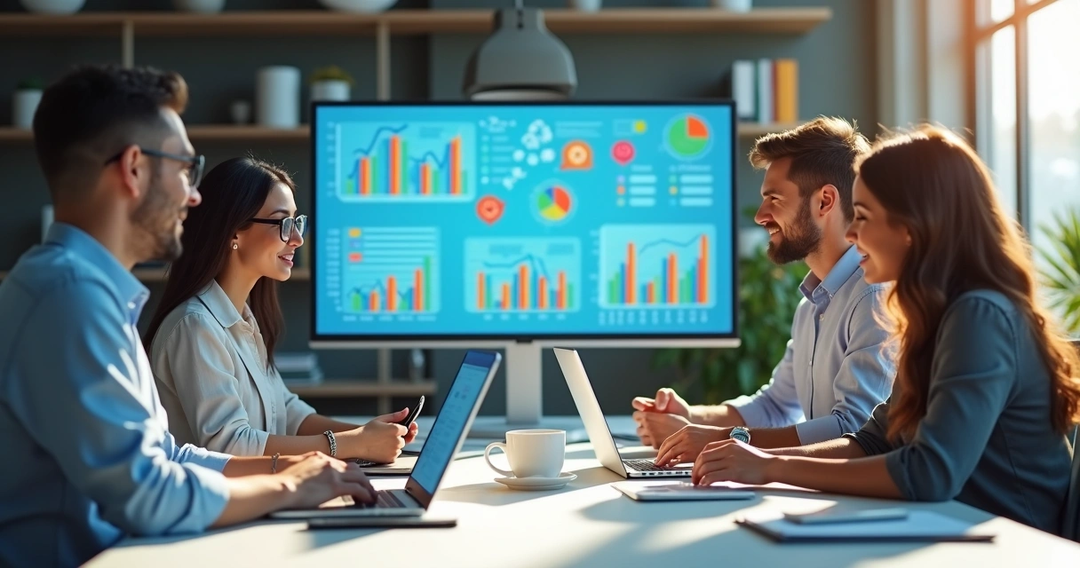Equipe de vendas analisando dados de mailing list em escritório moderno