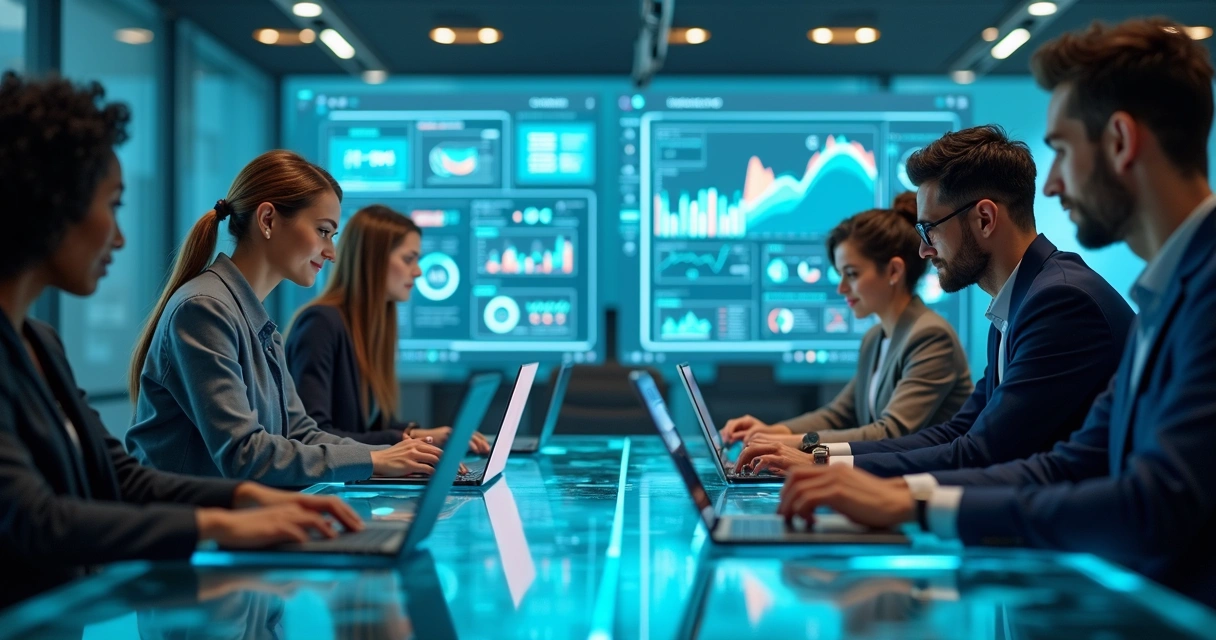 Equipe de profissionais usando computadores com gráficos de vendas e dados em telas digitais ao fundo