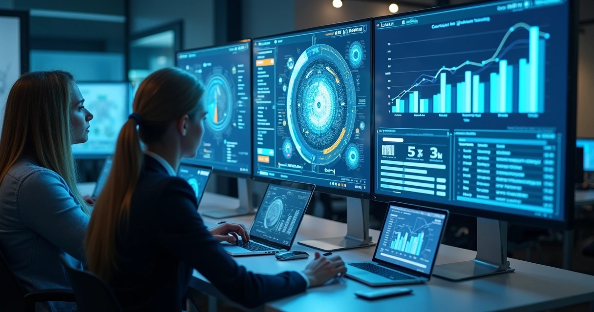 Equipe de vendas analisando dados em computadores com gráficos e ícones digitais flutuantes