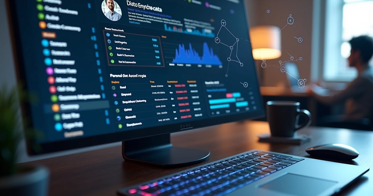 Computador exibindo dashboard de dados com perfis de usuários desanônimos e gráficos de análise detalhada