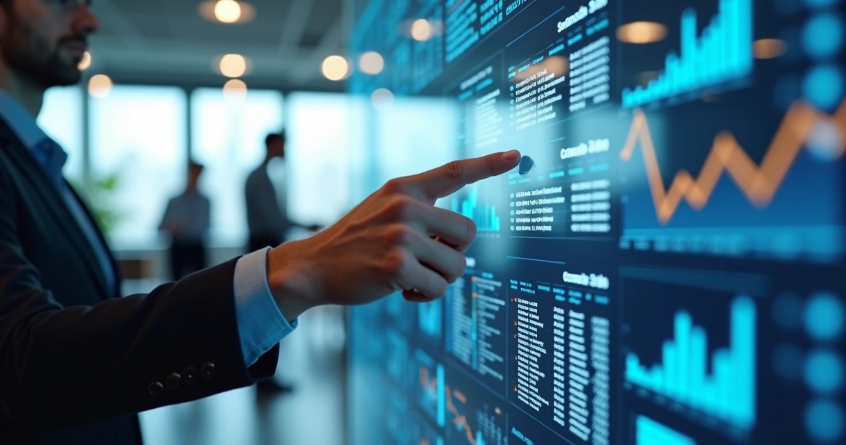 Profissional analisando dados de contatos em tela digital com gráficos e ícones de email, telefone e rede social