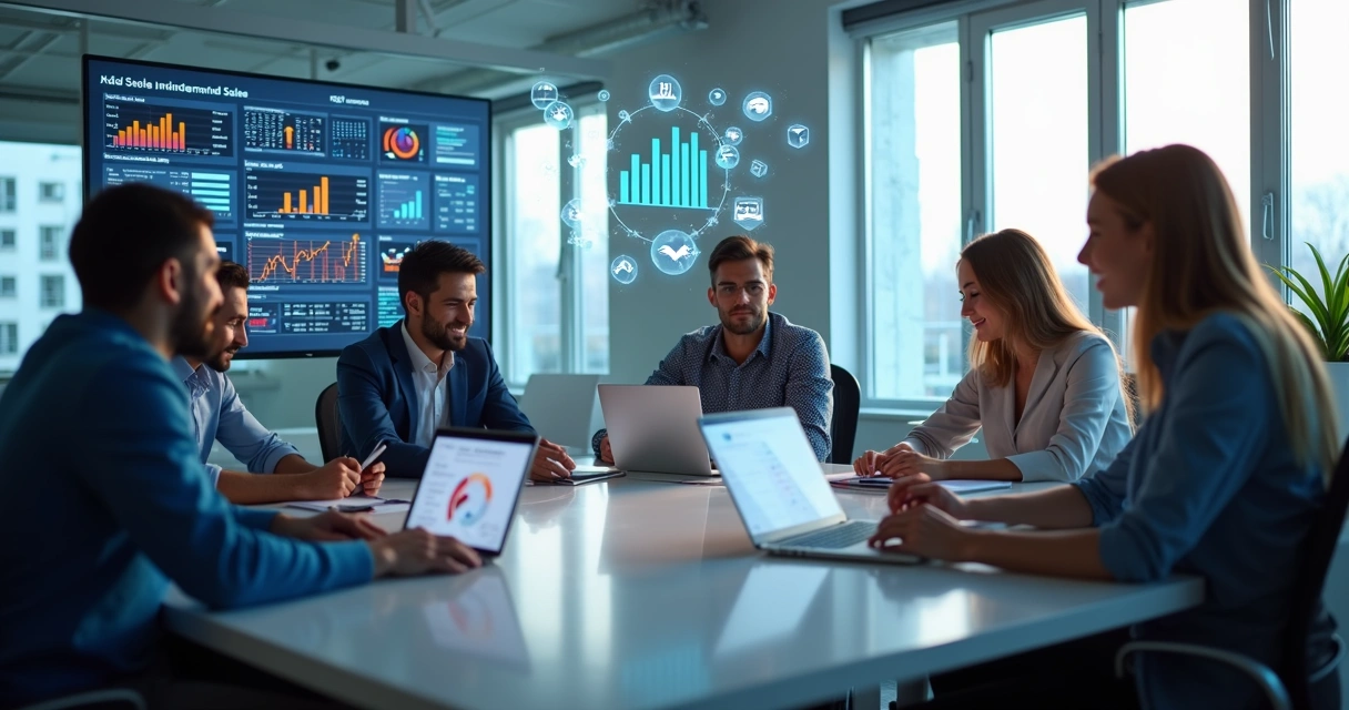 Equipe de vendas B2B usando tecnologia com computadores e gráficos de dados na tela