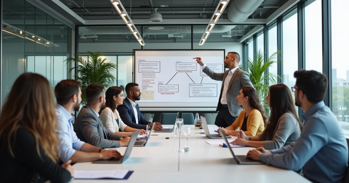Equipe em treinamento de role playing para vendas em ambiente corporativo com laptops e anotações