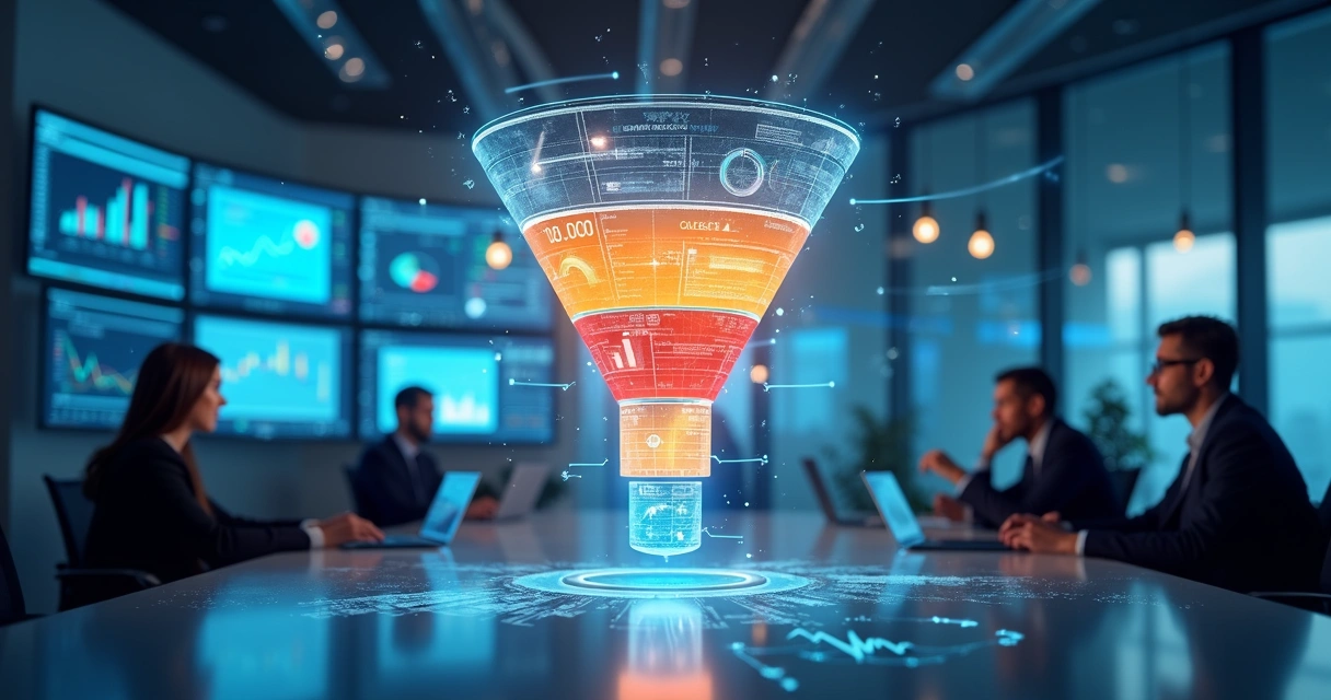 Representação detalhada do funil de vendas B2B com etapas visíveis e dados digitais ao fundo