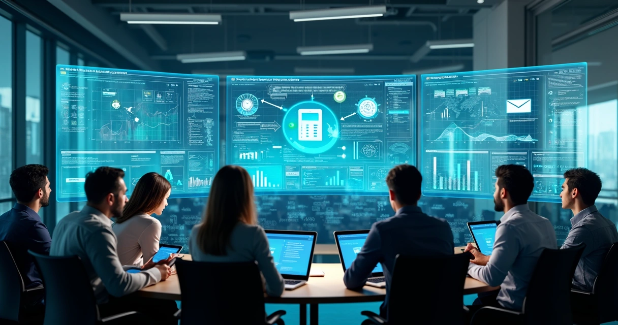 Profissionais analisando gráficos e dados sobre geração e qualificação de leads em telas digitais, com ambiente moderno de escritório e elementos de marketing digital ao fundo