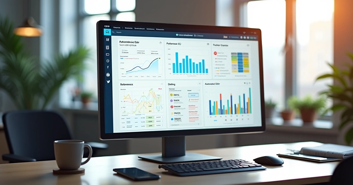 Tela de computador com sistema CRM e discador automático integrados mostrando dados de contatos e gráficos de vendas