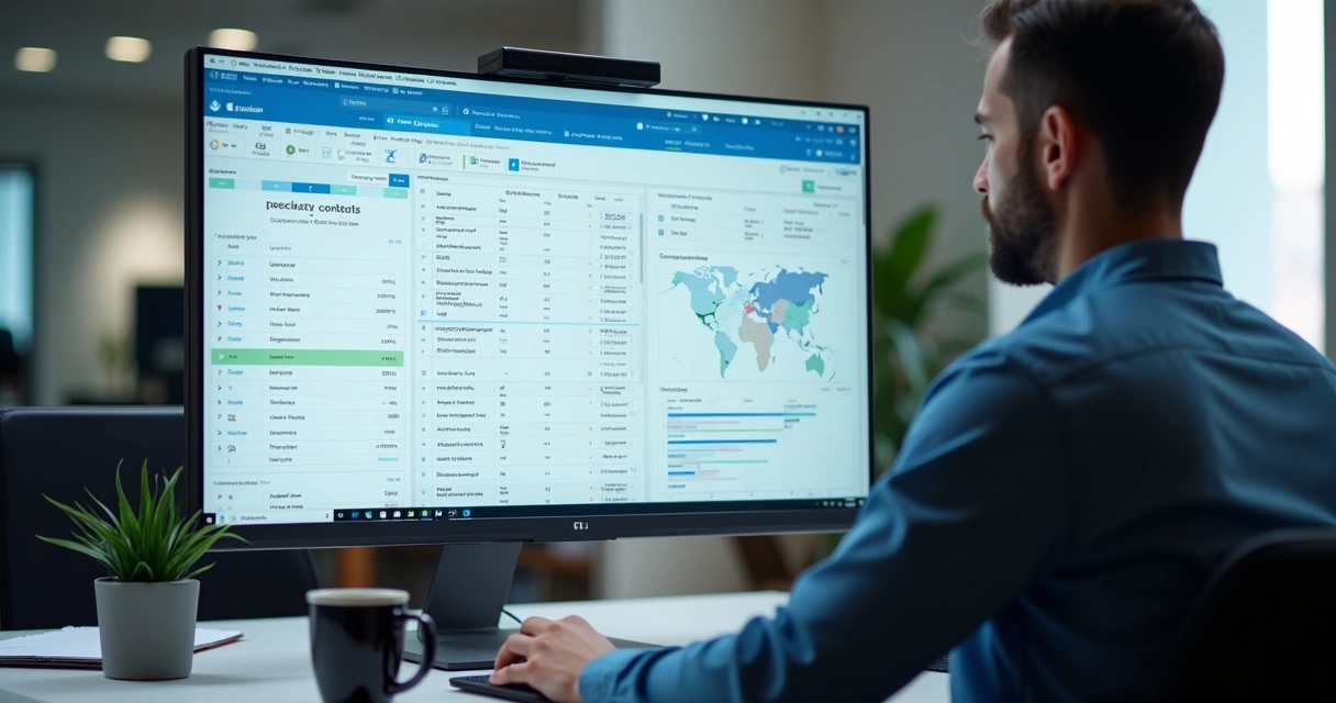 Profissional analisando em tela computador listas segmentadas de contatos B2B com gráficos e dados cadastrais detalhados