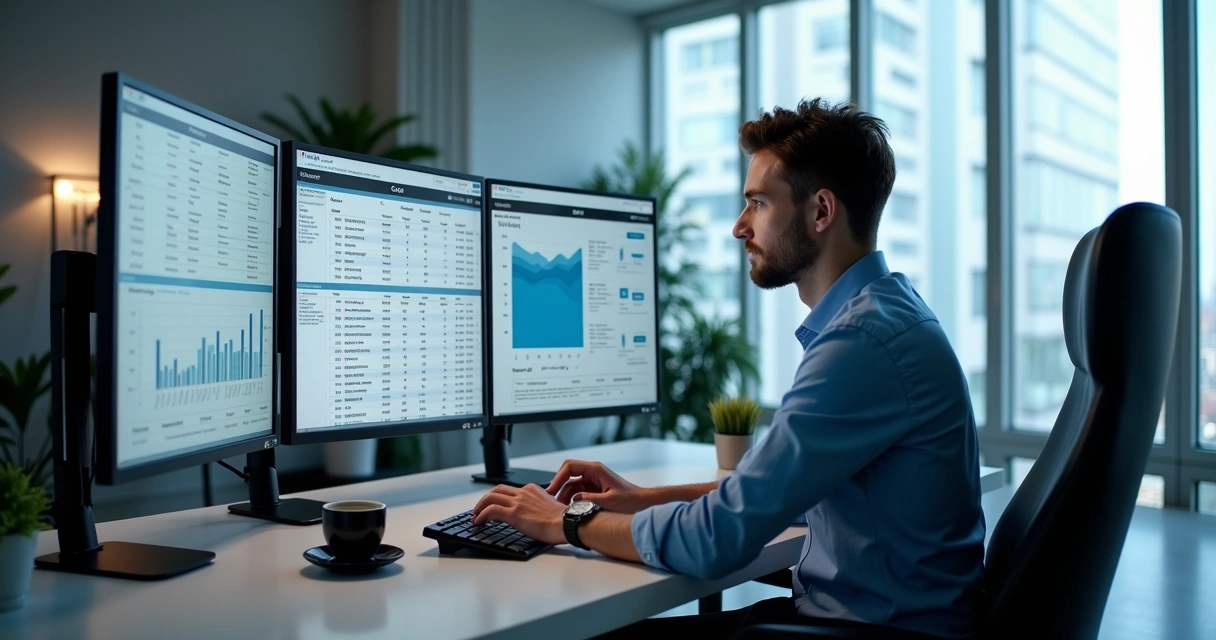 Profissional analisando listas de empresas em múltiplas telas de computador com gráficos e dados de contatos corporativos detalhados