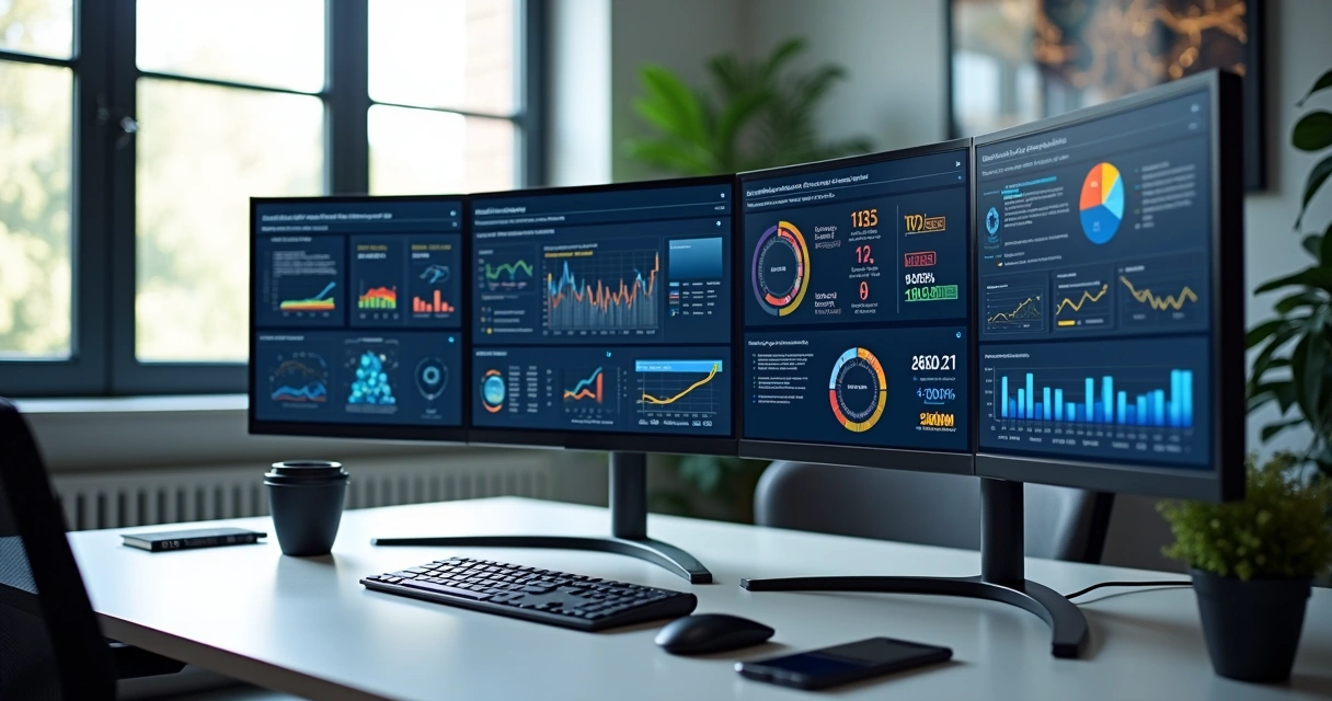 Mesa de escritório com telas de computador exibindo dashboards digitais de cobrança e análise de dados