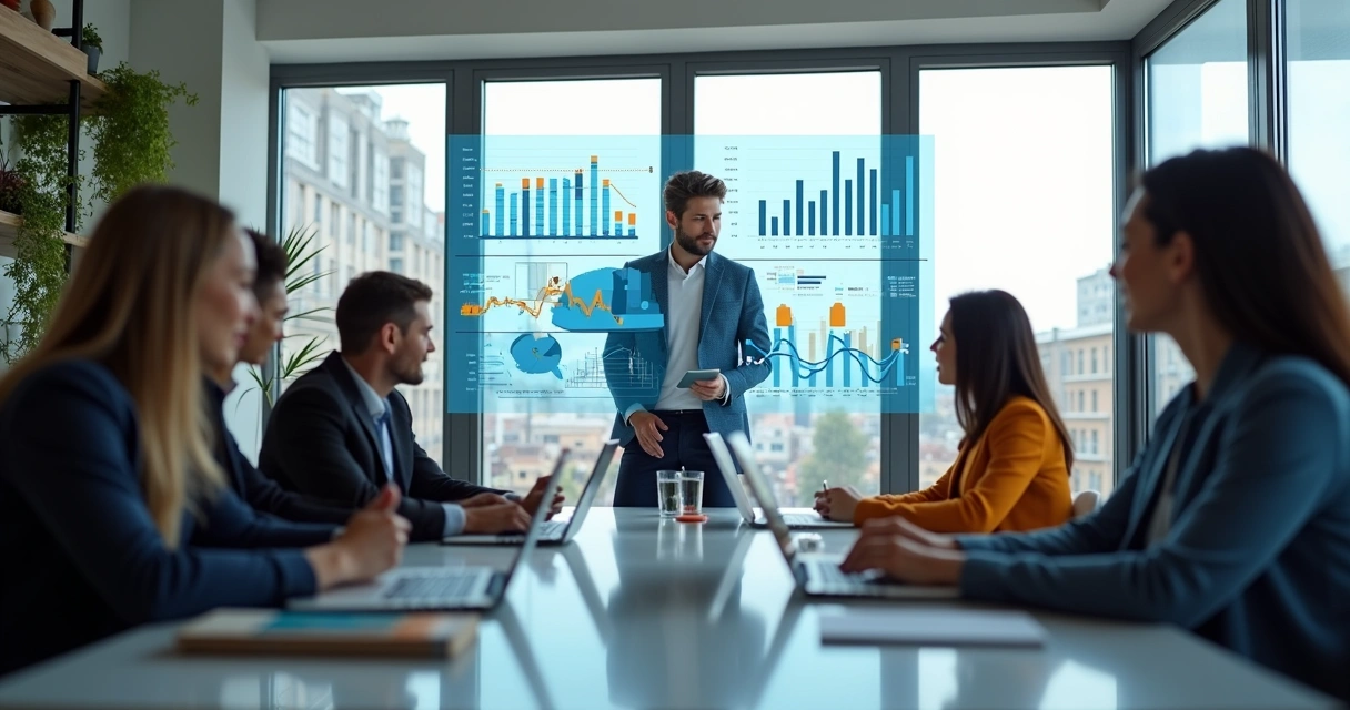 Profissionais de marketing analisando gráficos de dados e planejamento de leads em ambiente corporativo moderno