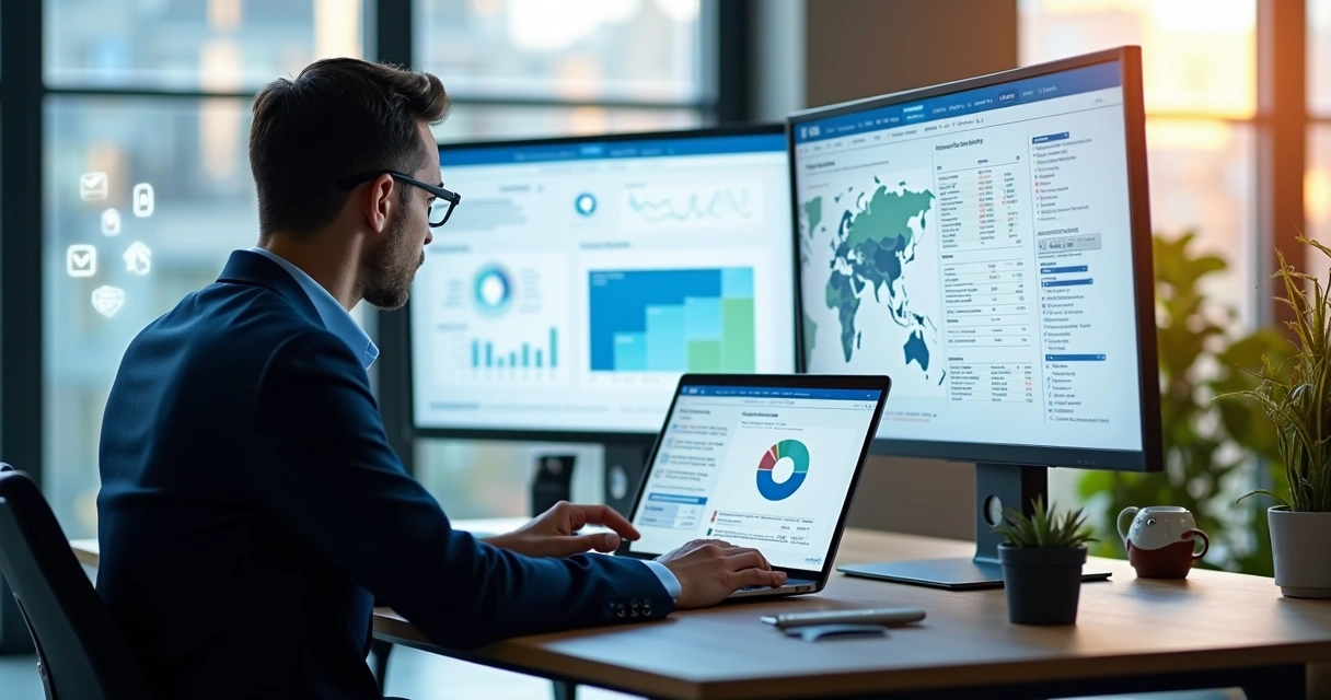 Profissional usando plataforma digital para gerar e qualificar leads B2B em um escritório moderno