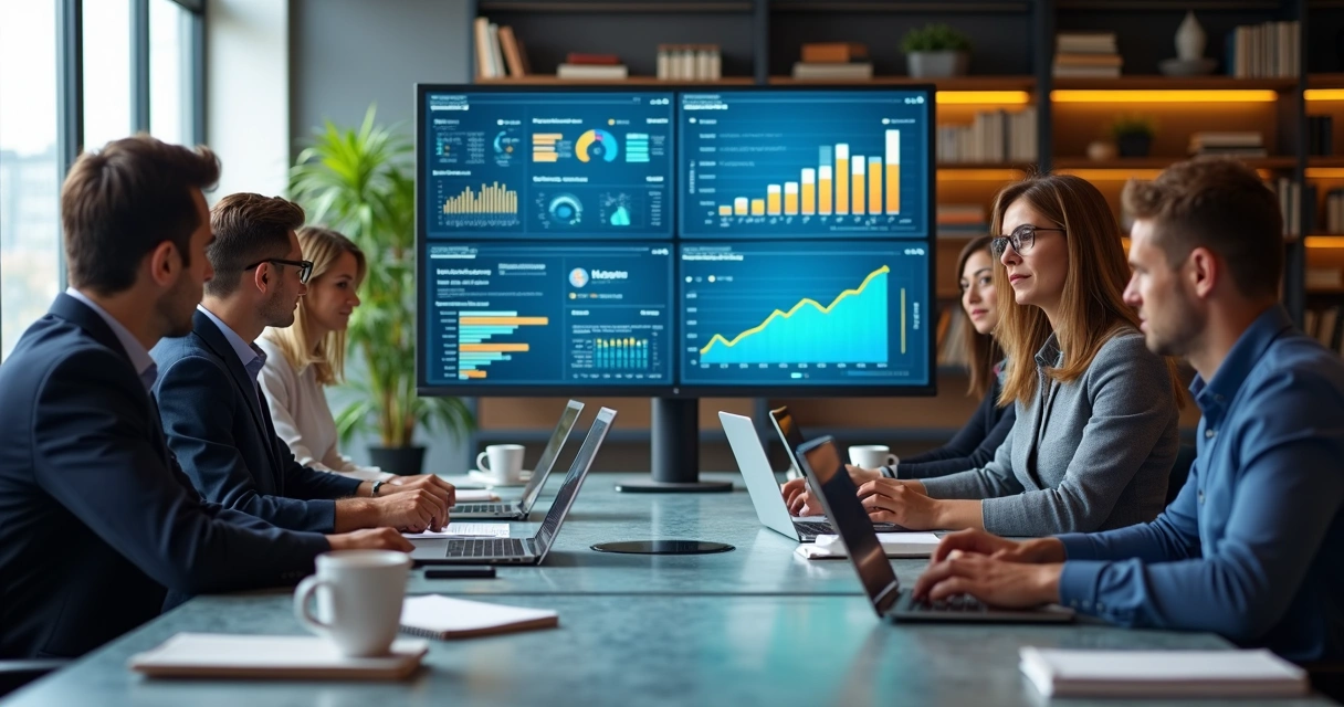 Representação realista de equipe de vendas B2B em escritório moderno, com profissionais analisando dados digitais em telas e discutindo estratégia de funil de vendas