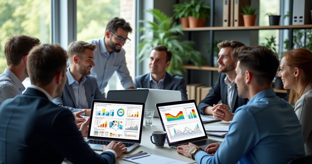 Equipe de vendas analisando listas de leads em laptops com gráficos e dados na tela