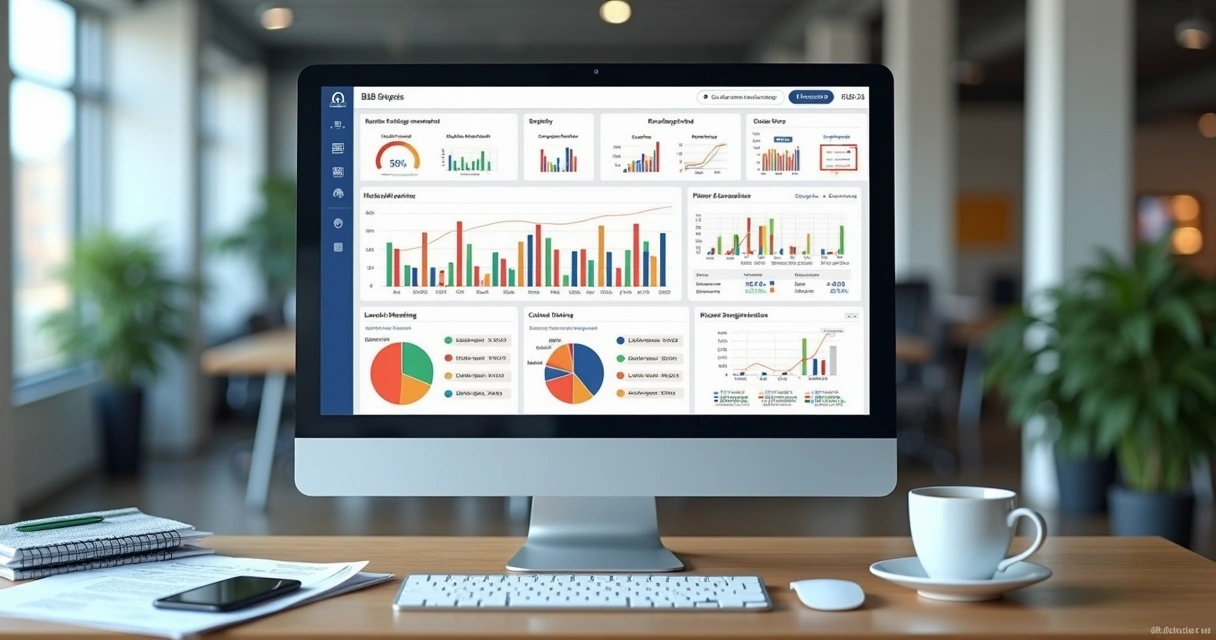 Computador com dashboard de gestão de mailing segmentado exibindo gráficos e dados empresariais detalhados