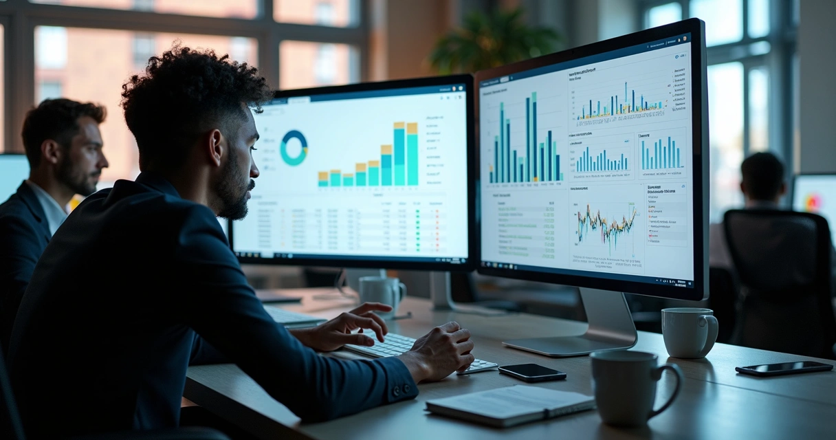 Equipe de profissionais analisando dados e criando lista de leads em tela de computador