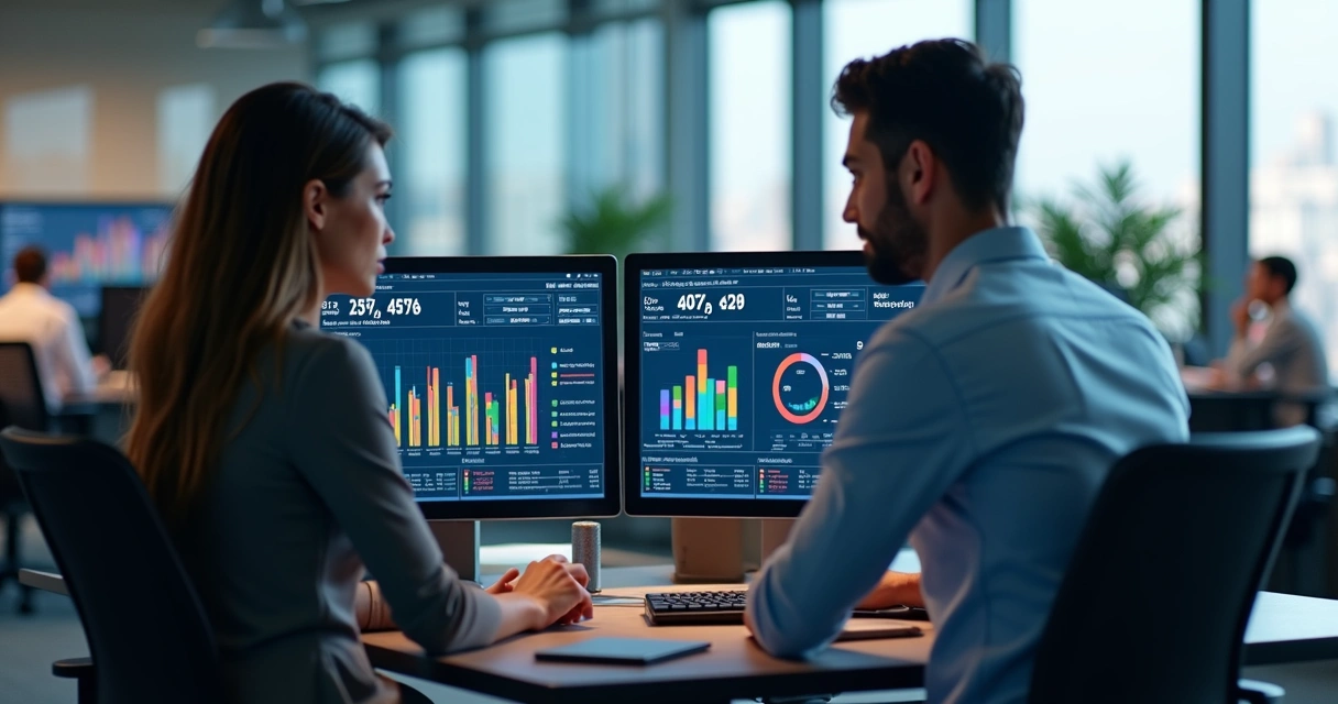 Analistas comerciais trabalhando com gráficos de KPIs em telas múltiplas em escritório moderno