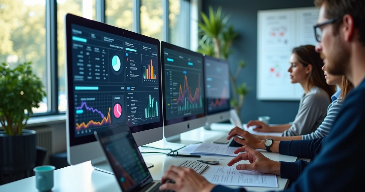 Equipe de vendas analisando dados de leads em telas digitais com gráficos e perfis de clientes